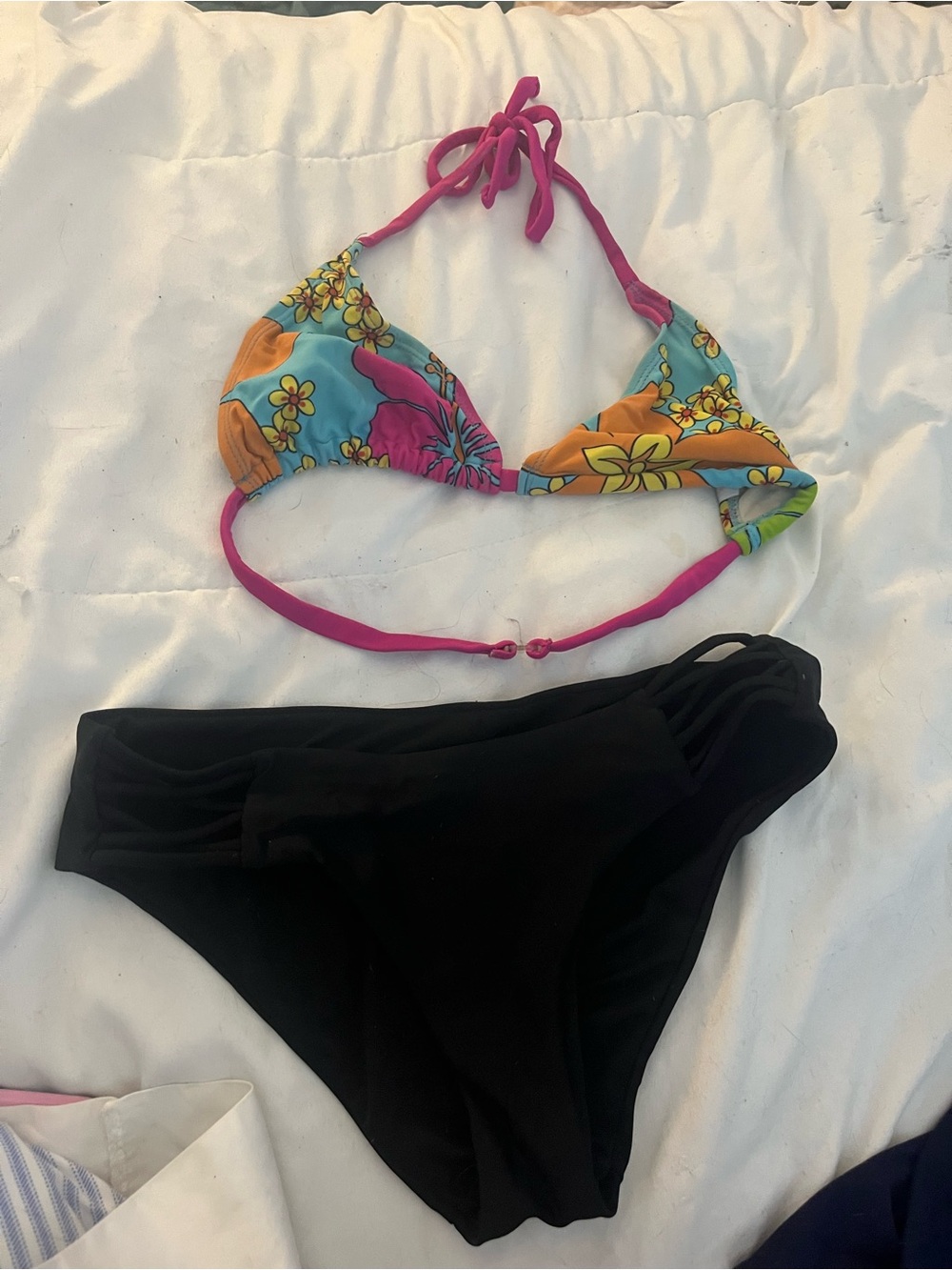 Kids Floral Tie-Back Bikini Top and Black Bottom Set - Pink/Blue/Orange